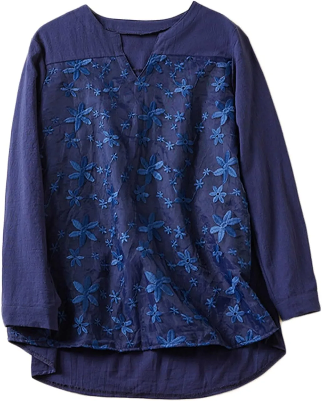 Women Cotton Linen Tops Vintage Floral Embroidered Shirts Summer Casual Long Sleeve V Neck Baggy Boho Peasant Blouse