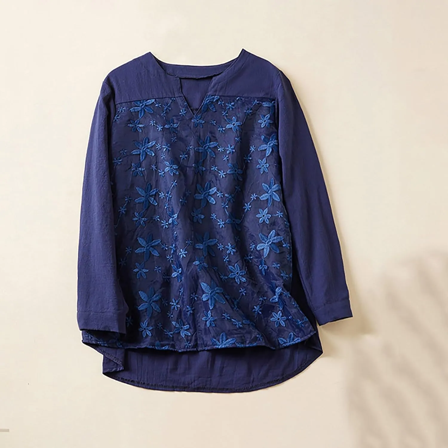 Women Cotton Linen Tops Vintage Floral Embroidered Shirts Summer Casual Long Sleeve V Neck Baggy Boho Peasant Blouse