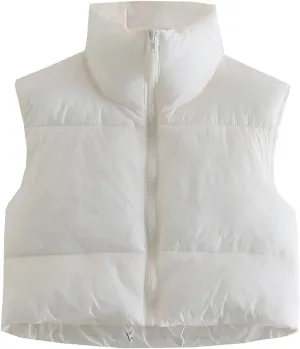 Women Cropped Puffer Vest Padded Down Jacket Stand Up Collar Coat Short Coat Jacket Winter Vest Outerwear with Pockets