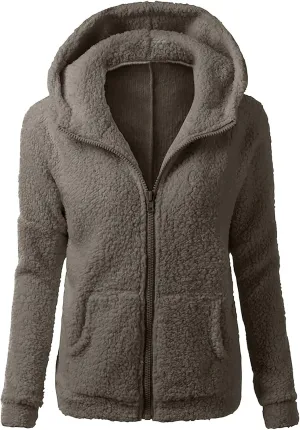 Women Faux Fur Fleece Jacket Casual Zipper Hooded Coat Spring Fall Transitional Fashion Lightweight Sherpa Coat