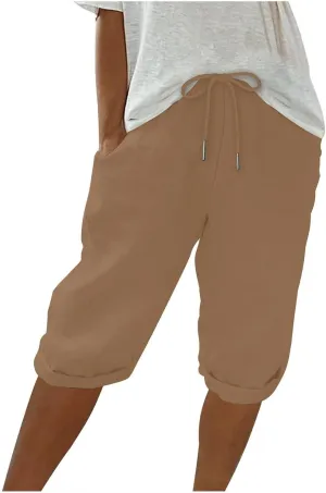 Women Linen Capri Pants Summer Drawstring Elastic Waisted Drawstring Shorts Ladies Casual Beach Pant with Pockets
