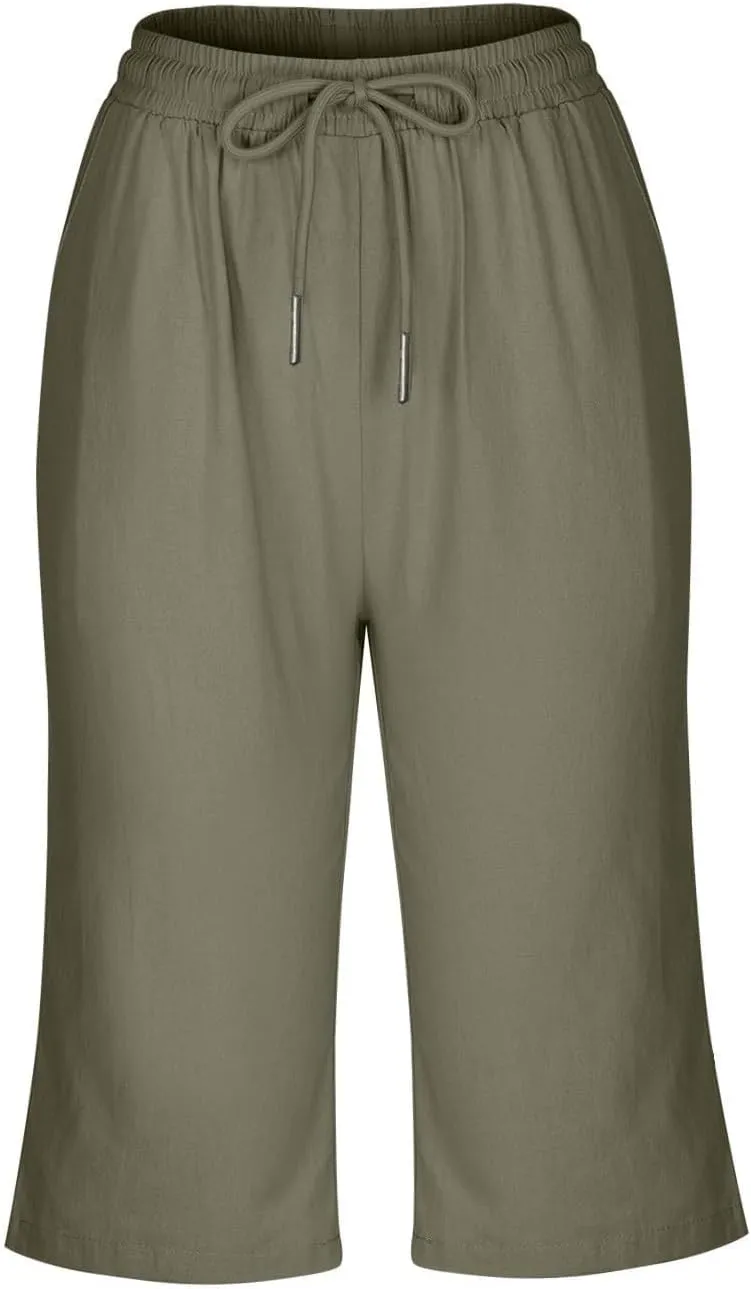 Women Linen Capri Pants Summer Drawstring Elastic Waisted Drawstring Shorts Ladies Casual Beach Pant with Pockets