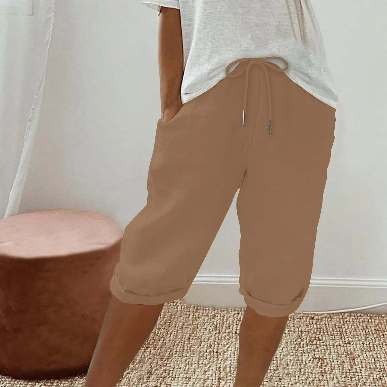 Women Linen Capri Pants Summer Drawstring Elastic Waisted Drawstring Shorts Ladies Casual Beach Pant with Pockets