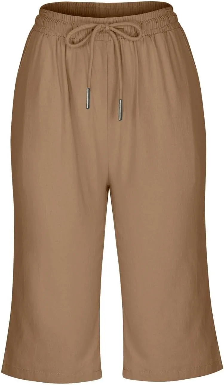 Women Linen Capri Pants Summer Drawstring Elastic Waisted Drawstring Shorts Ladies Casual Beach Pant with Pockets