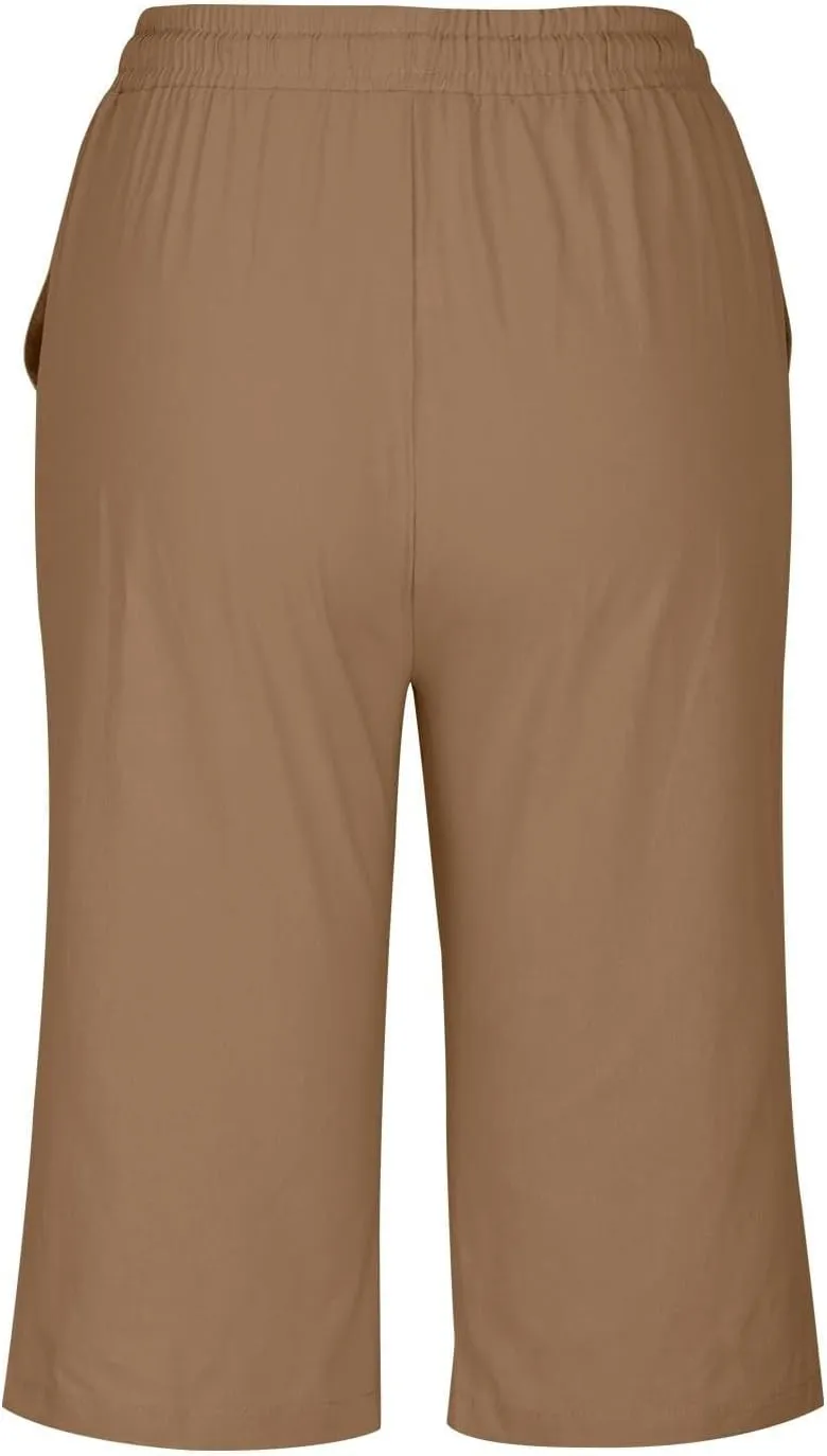 Women Linen Capri Pants Summer Drawstring Elastic Waisted Drawstring Shorts Ladies Casual Beach Pant with Pockets
