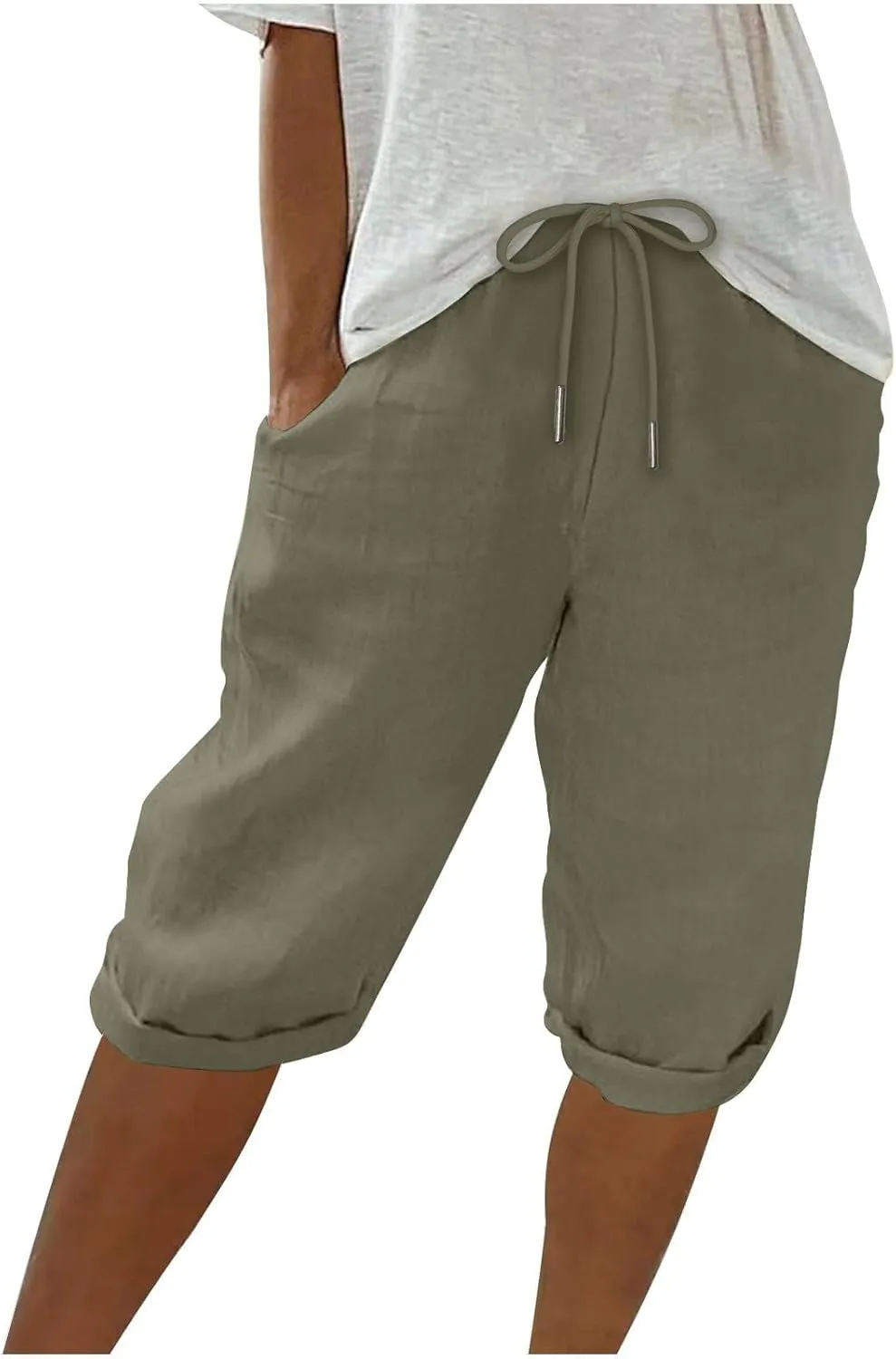 Women Linen Capri Pants Summer Drawstring Elastic Waisted Drawstring Shorts Ladies Casual Beach Pant with Pockets