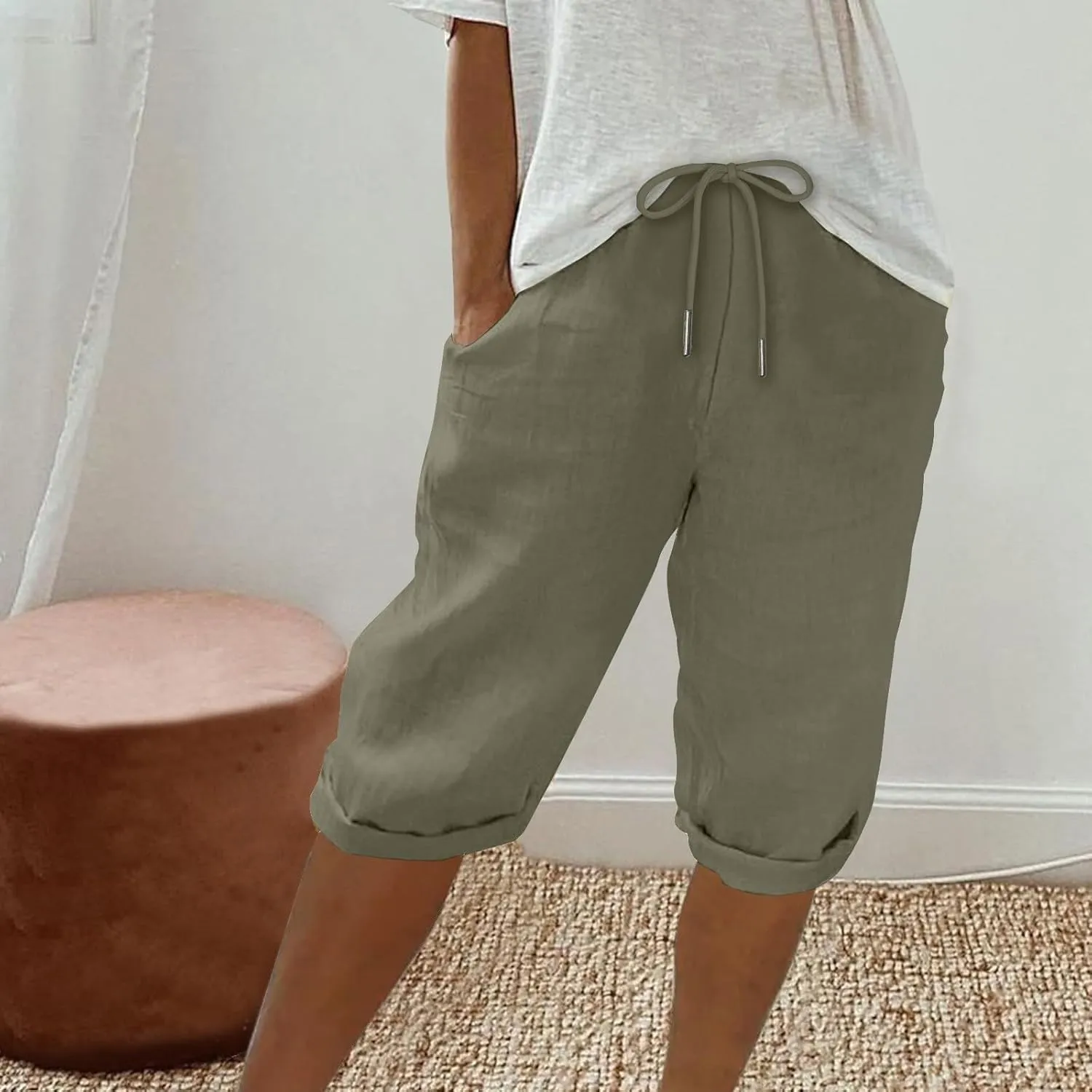 Women Linen Capri Pants Summer Drawstring Elastic Waisted Drawstring Shorts Ladies Casual Beach Pant with Pockets