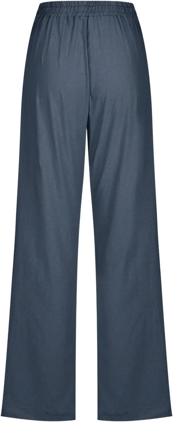 Women Linen Pants Casual Straight Leg Work Pants Drawstring Waist Pants Comfy Work Trousers Summer Jogger Sweatpants