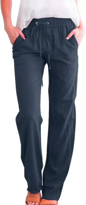Women Linen Pants Casual Straight Leg Work Pants Drawstring Waist Pants Comfy Work Trousers Summer Jogger Sweatpants