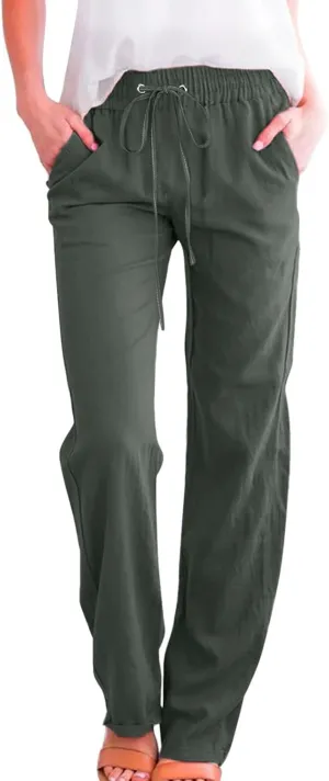 Women Linen Pants Casual Straight Leg Work Pants Drawstring Waist Pants Comfy Work Trousers Summer Jogger Sweatpants