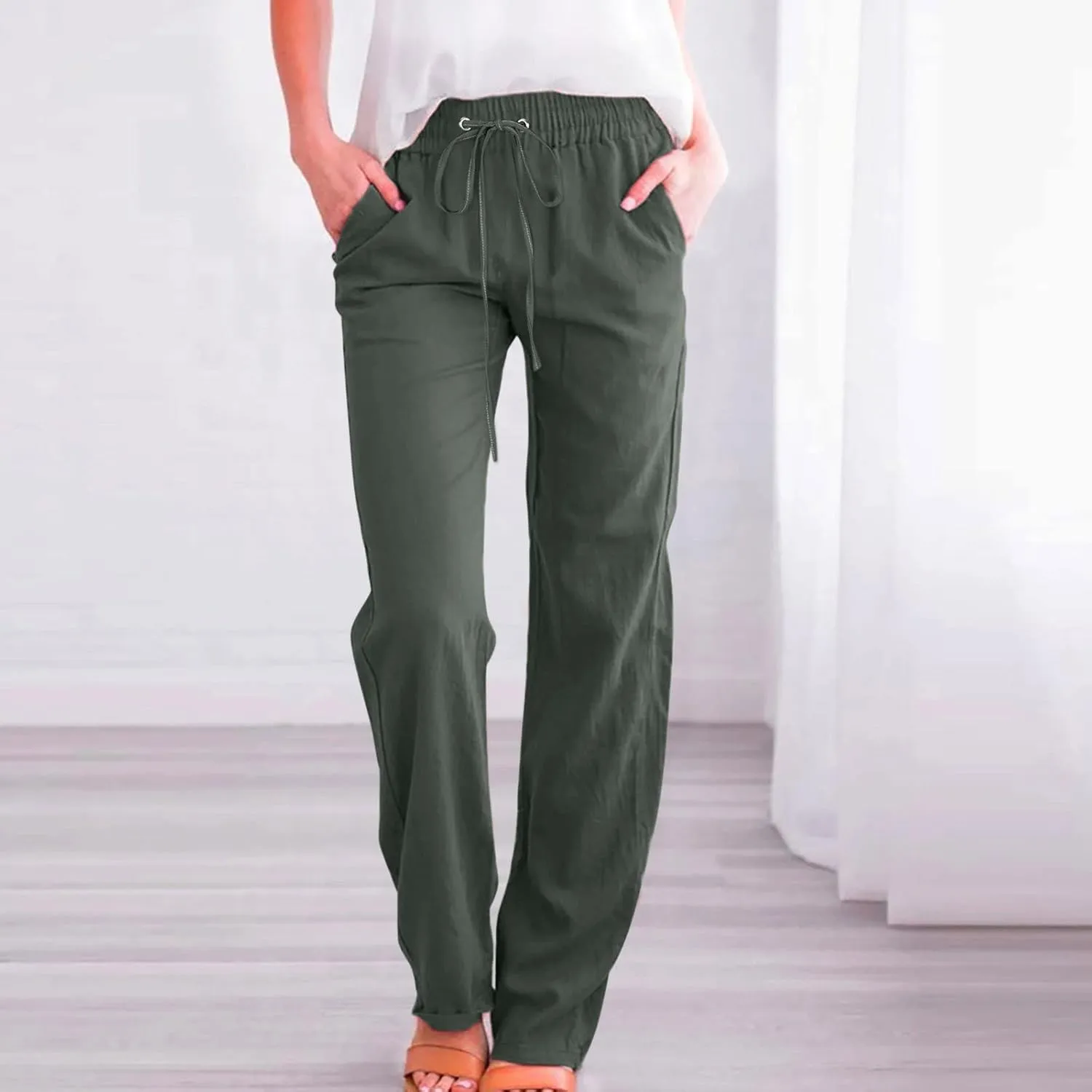 Women Linen Pants Casual Straight Leg Work Pants Drawstring Waist Pants Comfy Work Trousers Summer Jogger Sweatpants