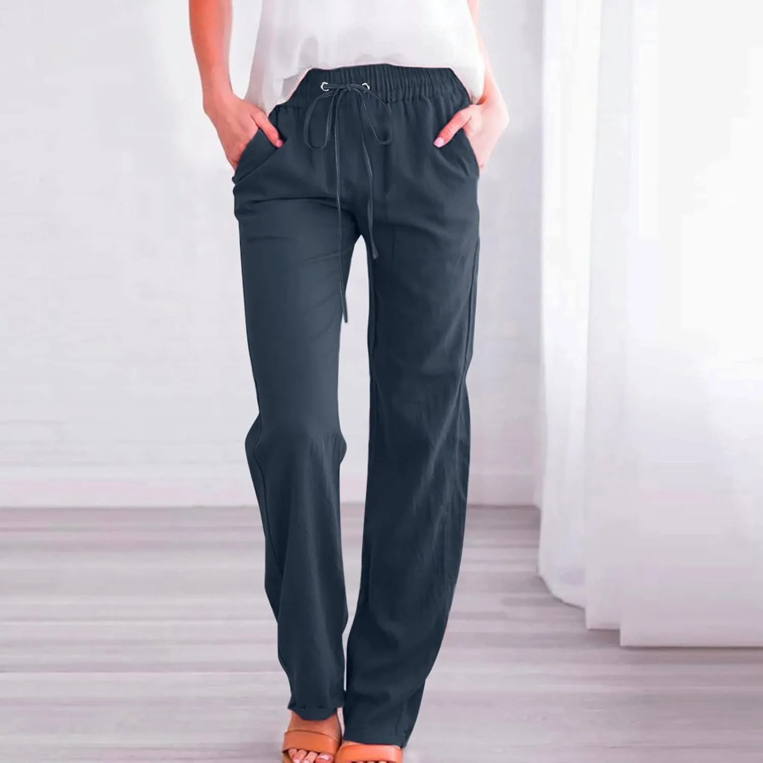 Women Linen Pants Casual Straight Leg Work Pants Drawstring Waist Pants Comfy Work Trousers Summer Jogger Sweatpants