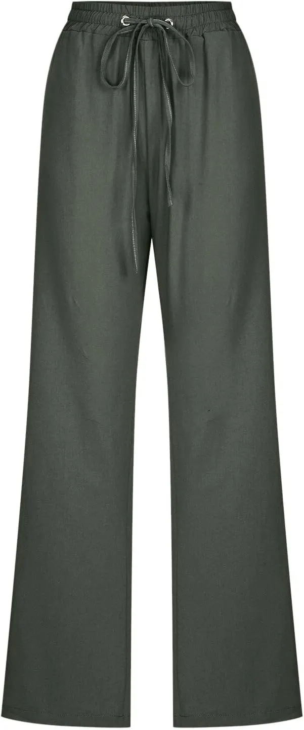 Women Linen Pants Casual Straight Leg Work Pants Drawstring Waist Pants Comfy Work Trousers Summer Jogger Sweatpants