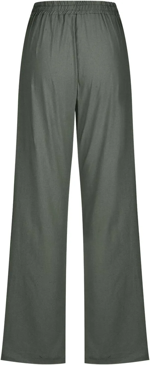 Women Linen Pants Casual Straight Leg Work Pants Drawstring Waist Pants Comfy Work Trousers Summer Jogger Sweatpants