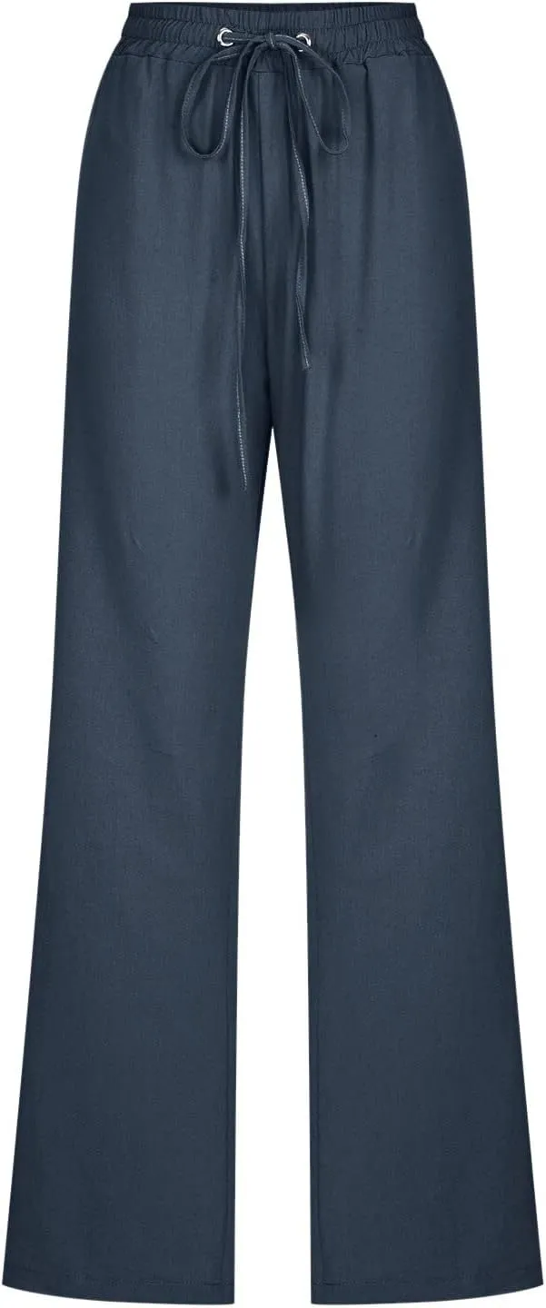 Women Linen Pants Casual Straight Leg Work Pants Drawstring Waist Pants Comfy Work Trousers Summer Jogger Sweatpants