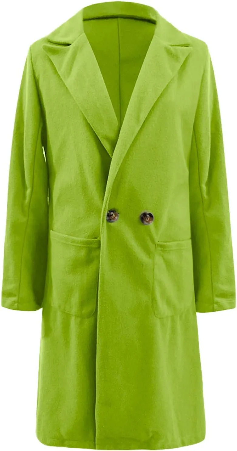 Women Long Coats Fashion Solid Wool Blend Trench Coat Casual Button Lapel Cardigan Jacket Elegant Peacoat