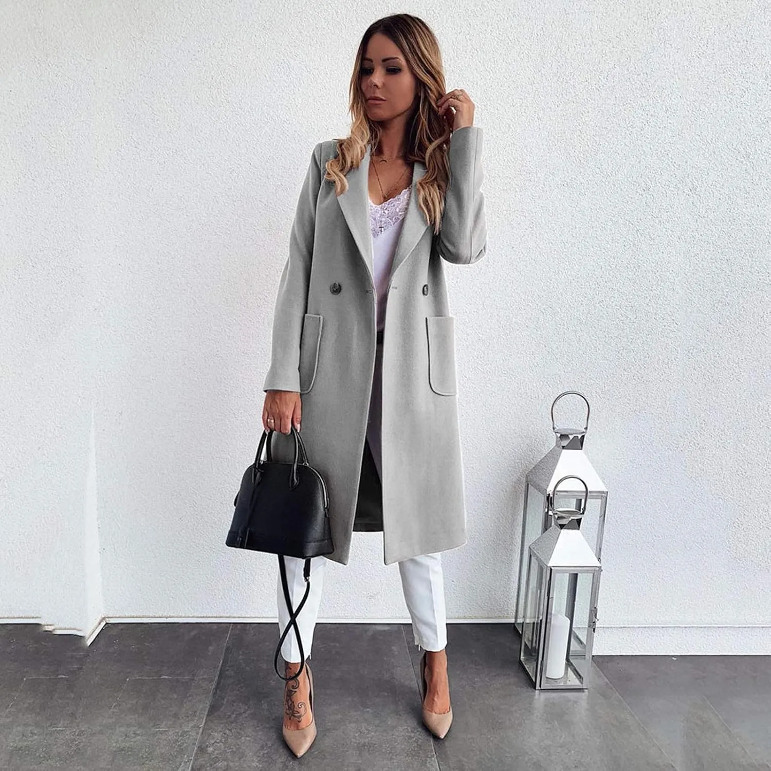Women Long Coats Fashion Solid Wool Blend Trench Coat Casual Button Lapel Cardigan Jacket Elegant Peacoat