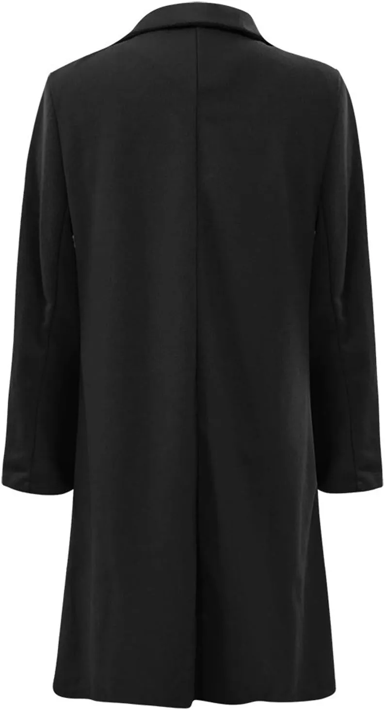 Women Long Coats Fashion Solid Wool Blend Trench Coat Casual Button Lapel Cardigan Jacket Elegant Peacoat