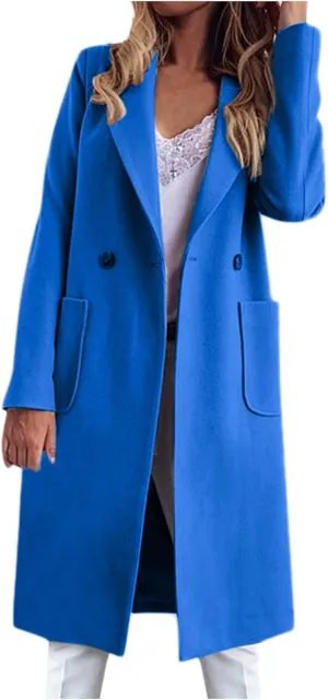 Women Long Coats Fashion Solid Wool Blend Trench Coat Casual Button Lapel Cardigan Jacket Elegant Peacoat