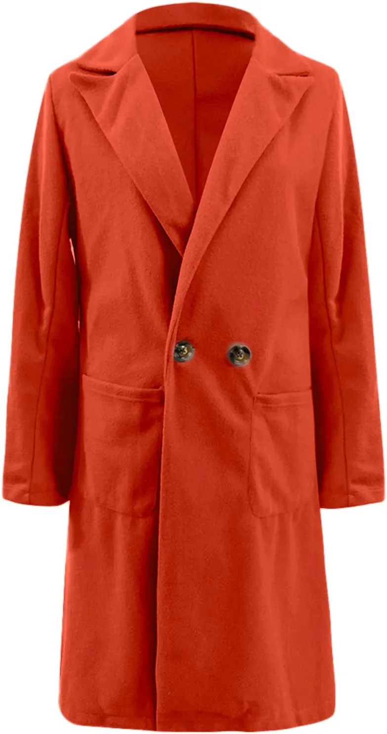 Women Long Coats Fashion Solid Wool Blend Trench Coat Casual Button Lapel Cardigan Jacket Elegant Peacoat
