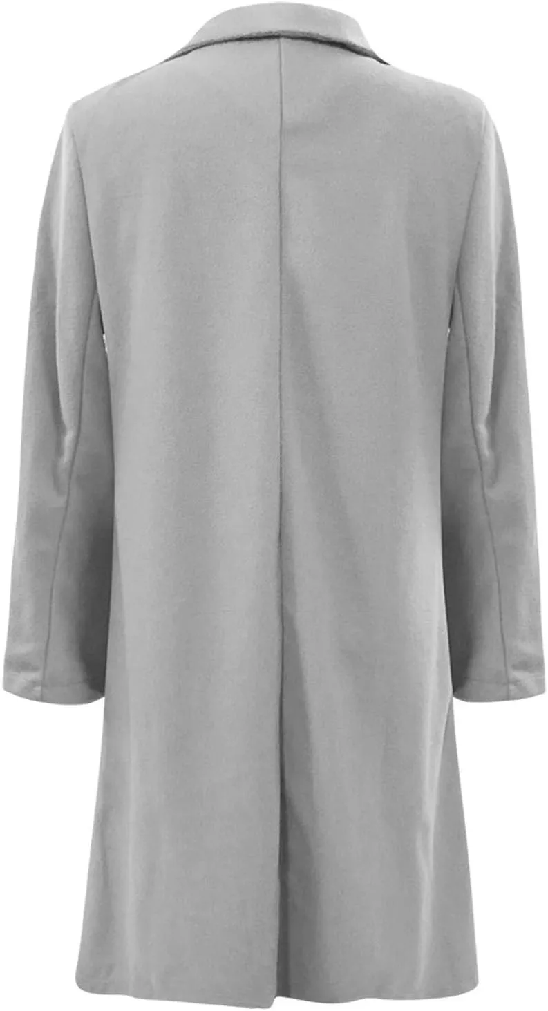 Women Long Coats Fashion Solid Wool Blend Trench Coat Casual Button Lapel Cardigan Jacket Elegant Peacoat