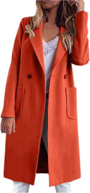 Women Long Coats Fashion Solid Wool Blend Trench Coat Casual Button Lapel Cardigan Jacket Elegant Peacoat