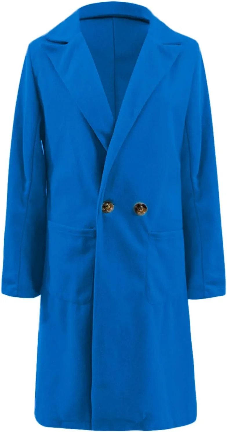 Women Long Coats Fashion Solid Wool Blend Trench Coat Casual Button Lapel Cardigan Jacket Elegant Peacoat