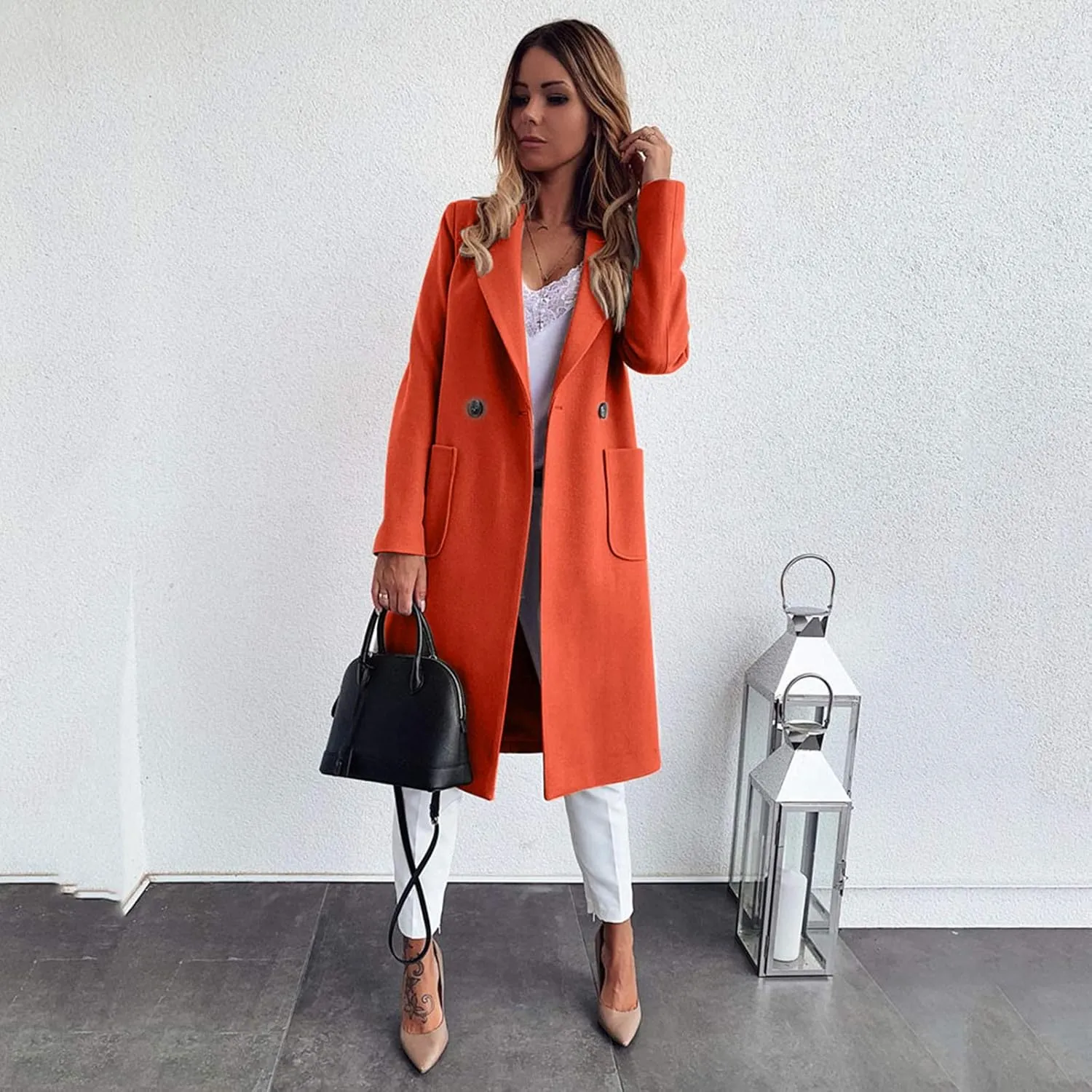 Women Long Coats Fashion Solid Wool Blend Trench Coat Casual Button Lapel Cardigan Jacket Elegant Peacoat