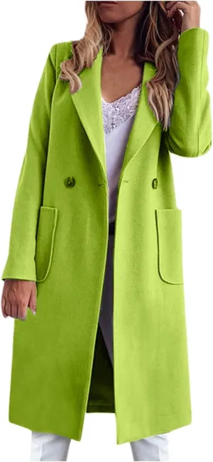 Women Long Coats Fashion Solid Wool Blend Trench Coat Casual Button Lapel Cardigan Jacket Elegant Peacoat