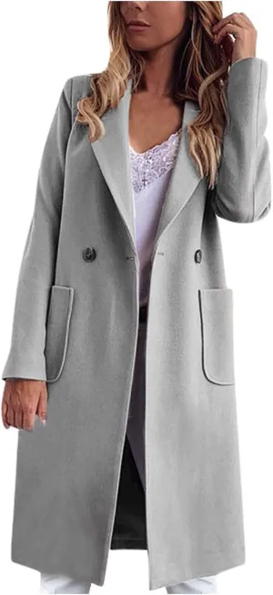 Women Long Coats Fashion Solid Wool Blend Trench Coat Casual Button Lapel Cardigan Jacket Elegant Peacoat