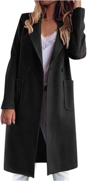 Women Long Coats Fashion Solid Wool Blend Trench Coat Casual Button Lapel Cardigan Jacket Elegant Peacoat