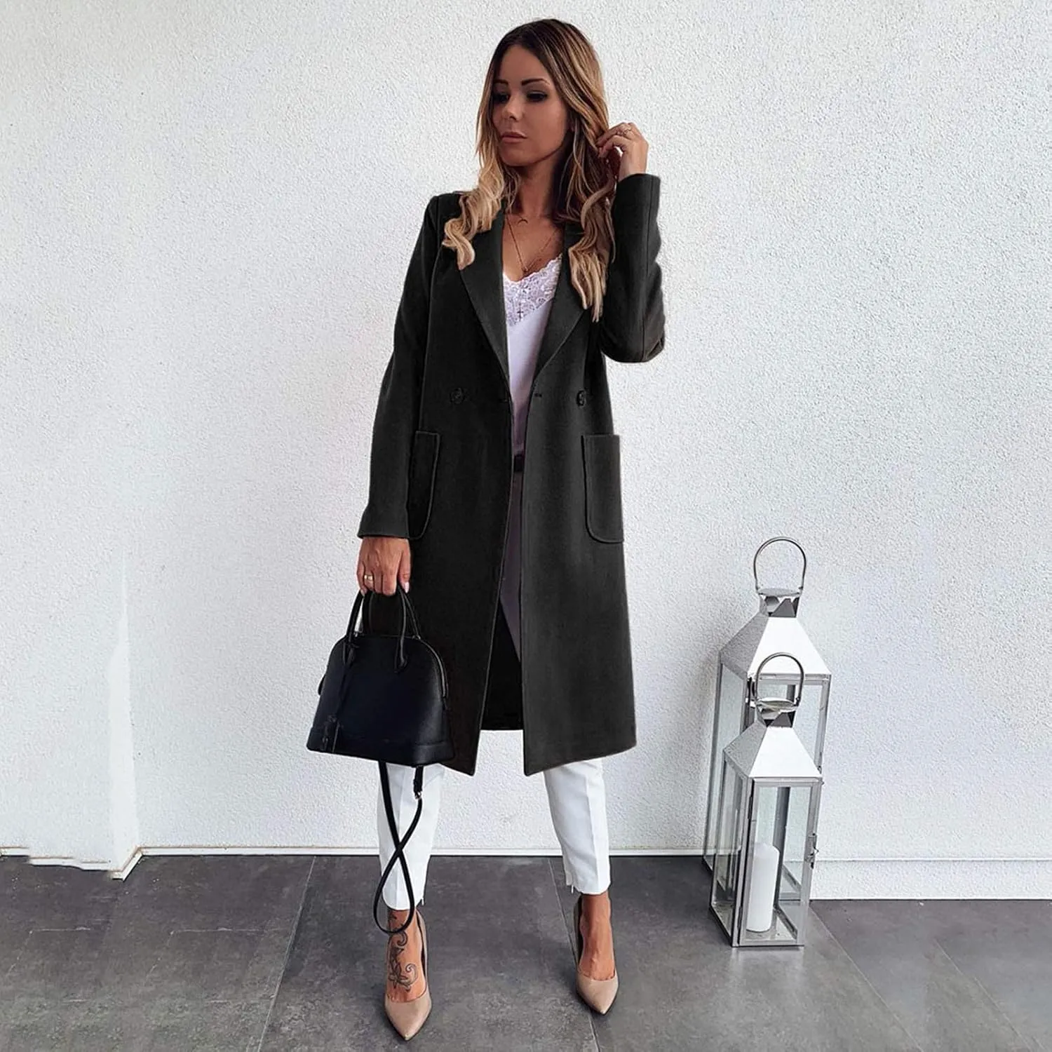 Women Long Coats Fashion Solid Wool Blend Trench Coat Casual Button Lapel Cardigan Jacket Elegant Peacoat