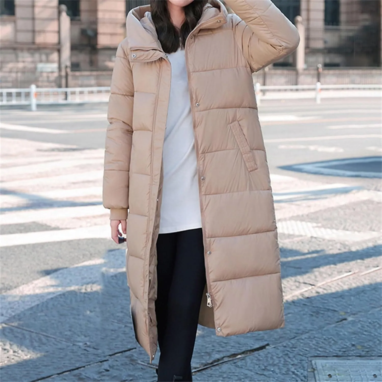 Women Puffer Jacket Cotton Clothes Solid Color Length Loose Jacket Hooded Windproof Comfortable Warm Down Cotton