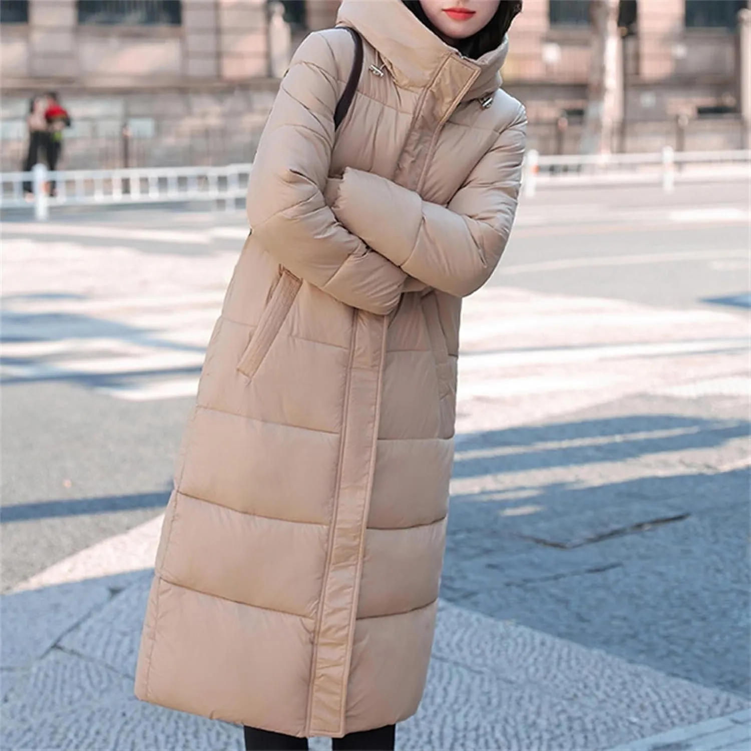 Women Puffer Jacket Cotton Clothes Solid Color Length Loose Jacket Hooded Windproof Comfortable Warm Down Cotton