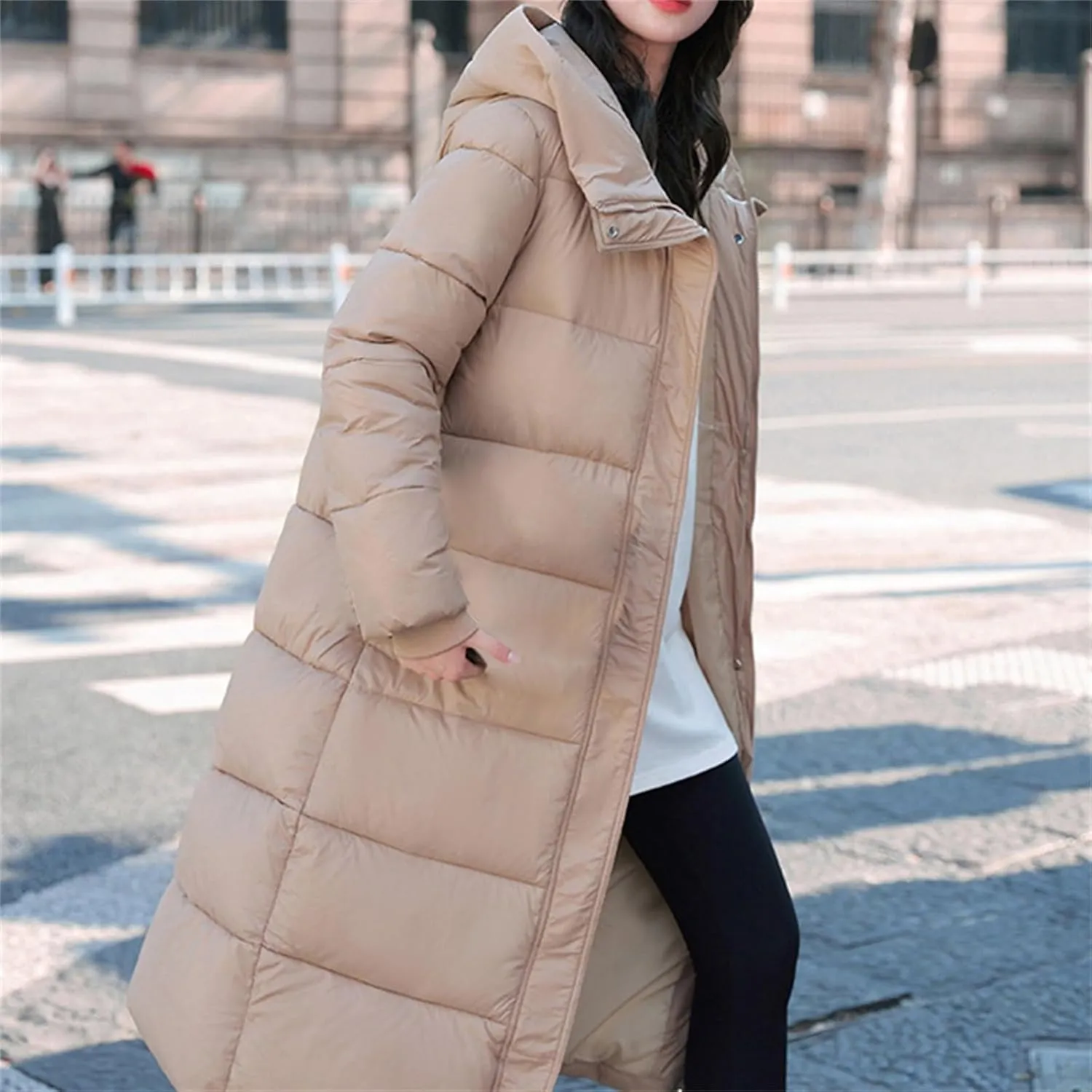 Women Puffer Jacket Cotton Clothes Solid Color Length Loose Jacket Hooded Windproof Comfortable Warm Down Cotton