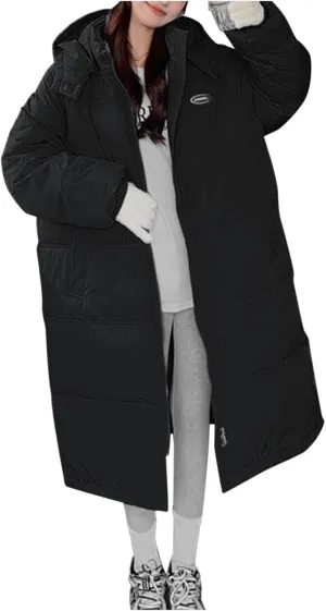 Women Puffer Jacket Cotton Clothes Solid Color Length Loose Jacket Hooded Windproof Comfortable Warm Down Cotton