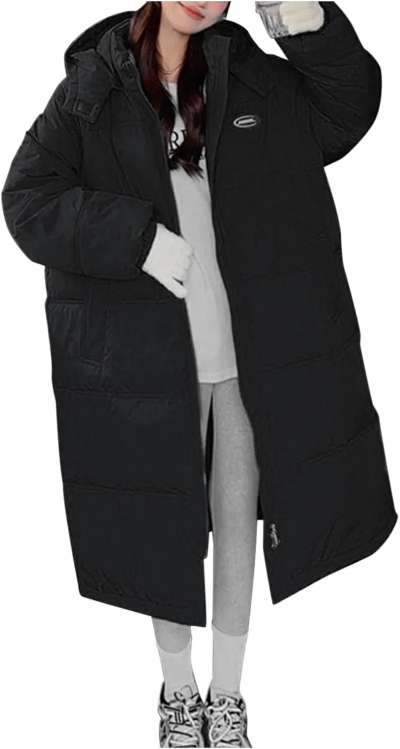 Women Puffer Jacket Cotton Clothes Solid Color Length Loose Jacket Hooded Windproof Comfortable Warm Down Cotton