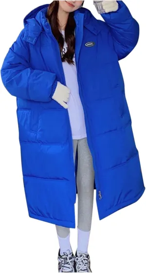 Women Puffer Jacket Cotton Clothes Solid Color Length Loose Jacket Hooded Windproof Comfortable Warm Down Cotton