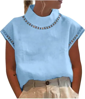 Women Summer Cotton Linen Tops 2025 Casual Loose Eyelet Cap Sleeve T Shirt Trendy Oversized Mock Neck Blouses Tees