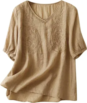 Women Summer Short Sleeve Cotton Linen Peasant Tops Smock Mexican Boho Embroidered T-Shirt Casual V Neck Oversized