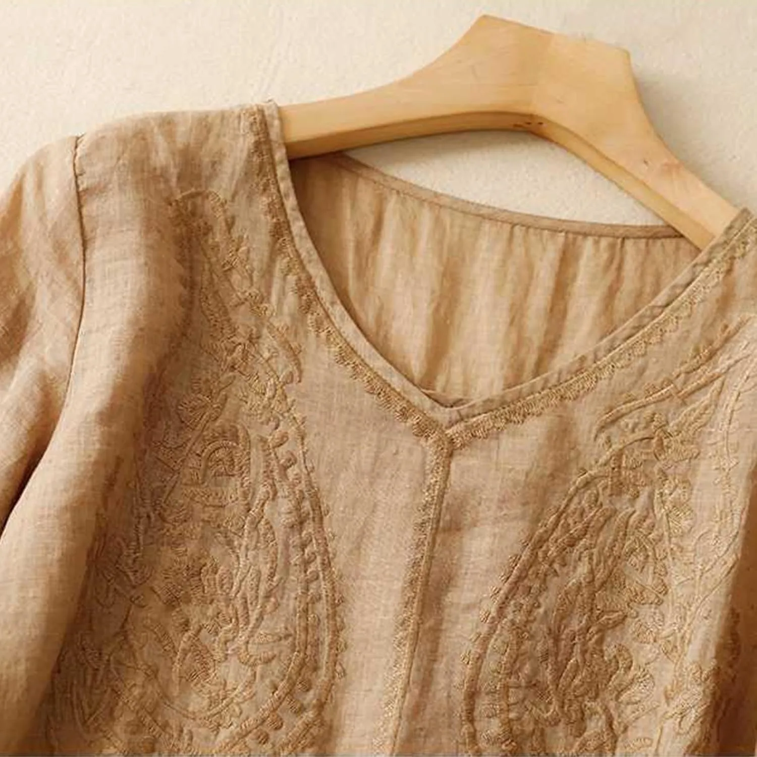 Women Summer Short Sleeve Cotton Linen Peasant Tops Smock Mexican Boho Embroidered T-Shirt Casual V Neck Oversized