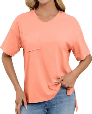 Women T Shirts Oversized Short Sleeve V Neck 2025 Summer Casual Loose Tops Basic Tee Shirts Outfits with Pockets