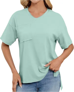 Women T Shirts Oversized Short Sleeve V Neck 2025 Summer Casual Loose Tops Basic Tee Shirts Outfits with Pockets
