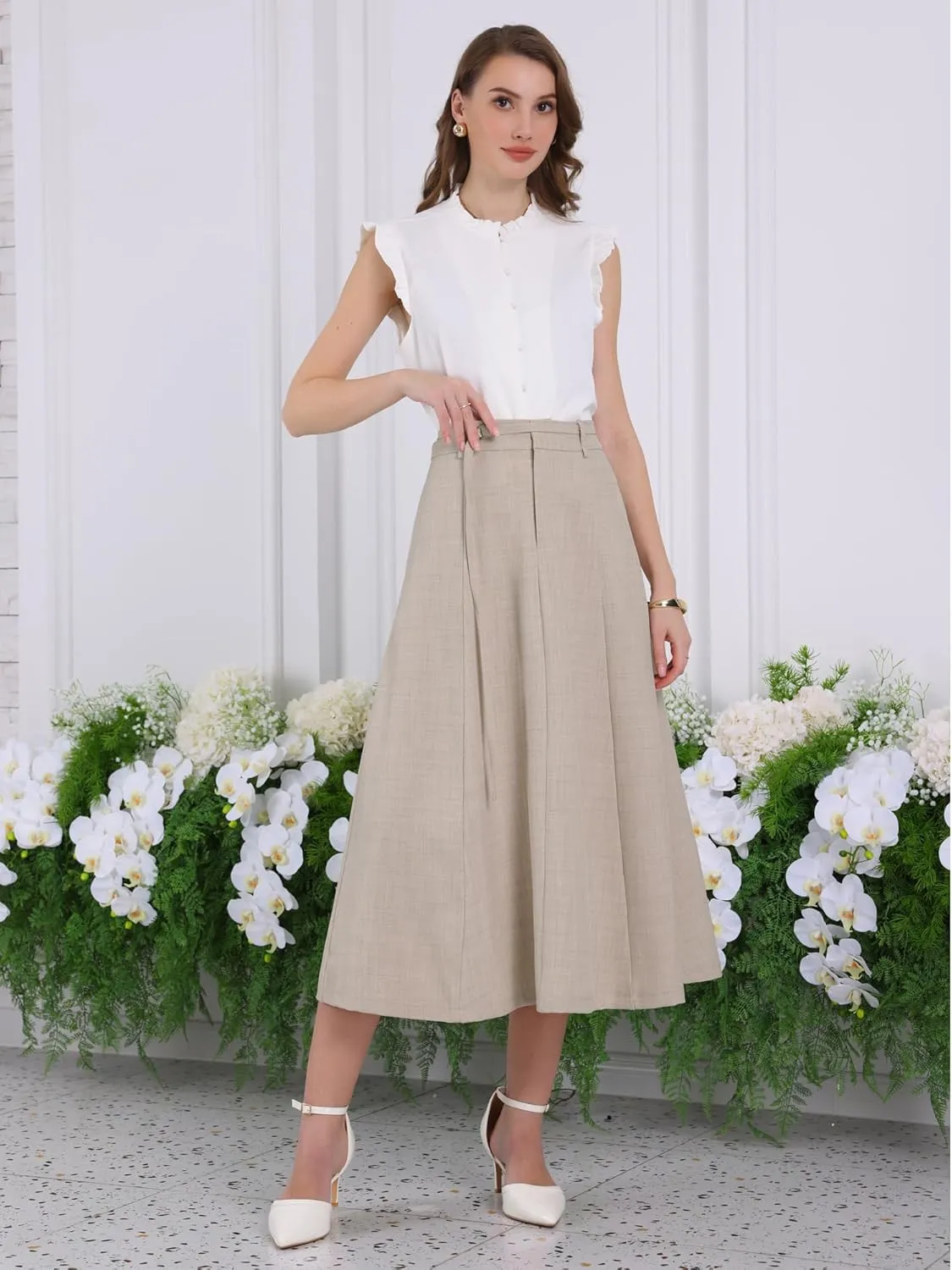 Women's A-Line Skirt with Pockets Elastic High Waist Maxi Skirt
