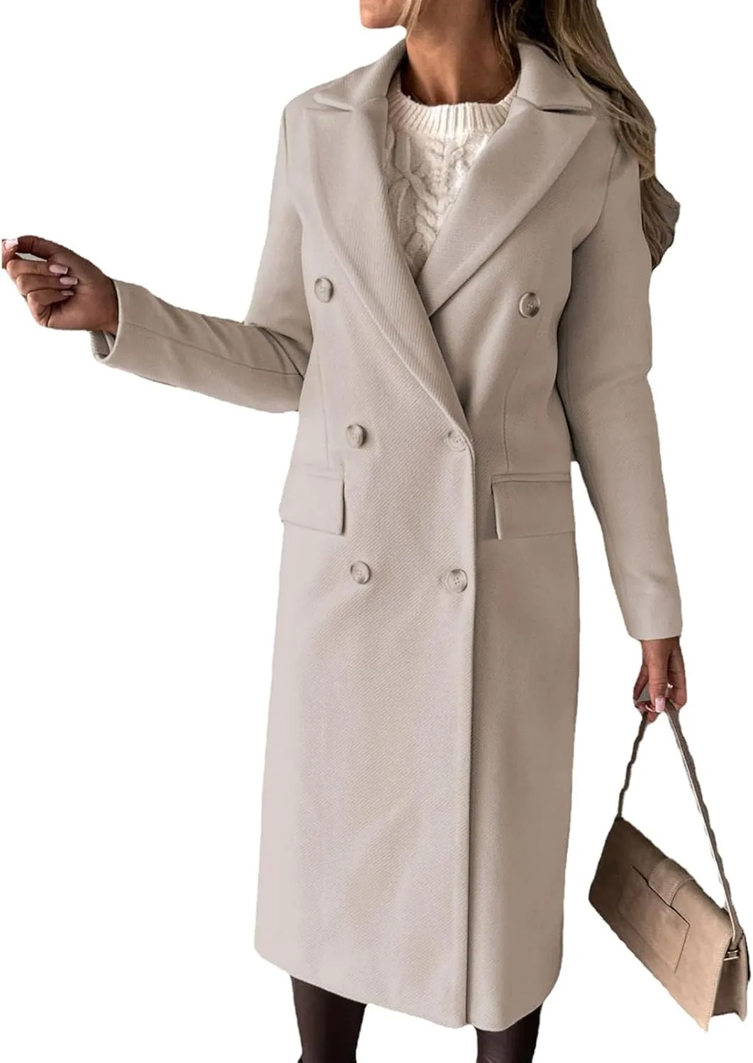 Women's Big Notch Lapel Single Breasted Mid-Long Wool Blend Coat Double Breasted Trench Coat Fall Winter Clothes