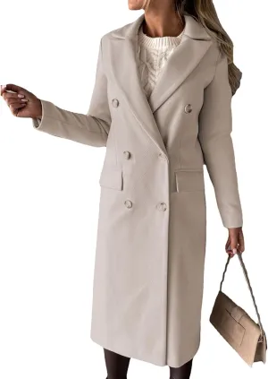 Women's Big Notch Lapel Single Breasted Mid-Long Wool Blend Coat Double Breasted Trench Coat Fall Winter Clothes