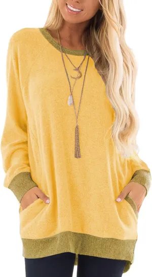 Womens Casual Color Block Long Sleeve Round Neck Pocket T Shirts Blouses Sweatshirts Tops