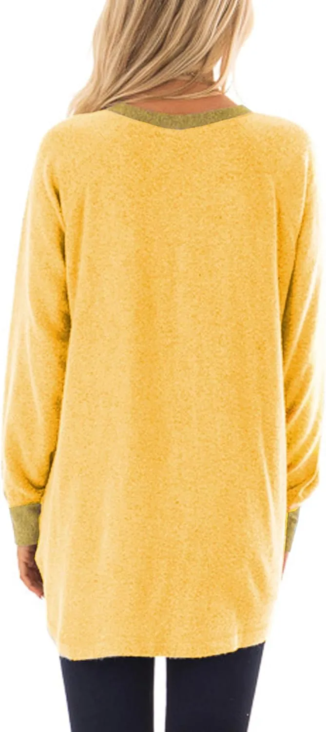 Womens Casual Color Block Long Sleeve Round Neck Pocket T Shirts Blouses Sweatshirts Tops