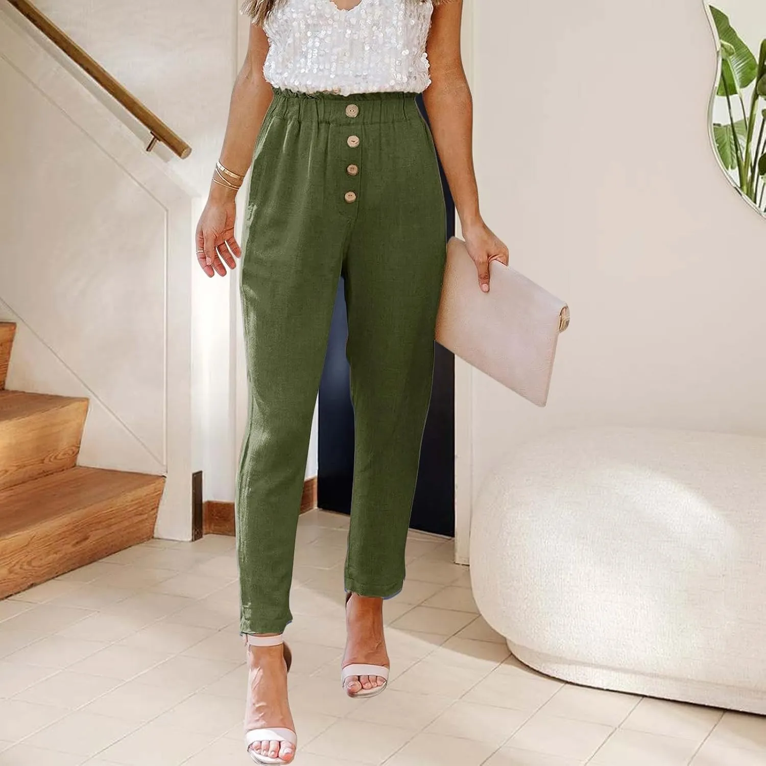 Womens Casual Pants Cotton Linen High Waisted Work Paper Bag Comfy Work Slim Office Dressy Tapered Pants