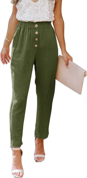 Womens Casual Pants Cotton Linen High Waisted Work Paper Bag Comfy Work Slim Office Dressy Tapered Pants